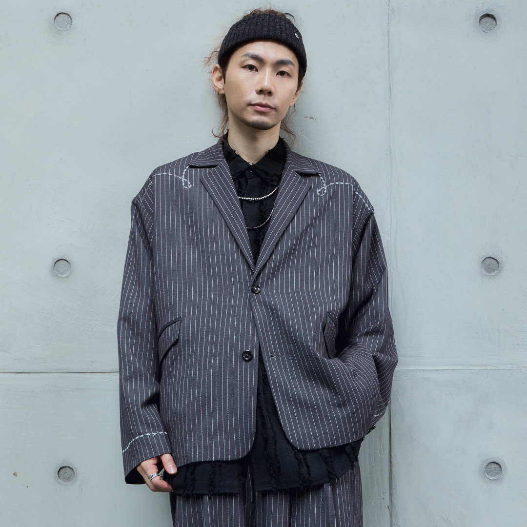 四季皆可 刺繡縫線 寬鬆西裝外套－條紋深灰