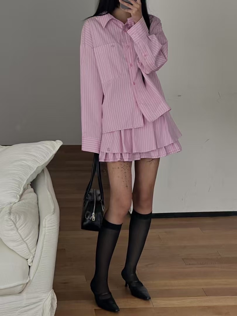 503102直條休閒風格襯衫 短褲裙  粉現貨