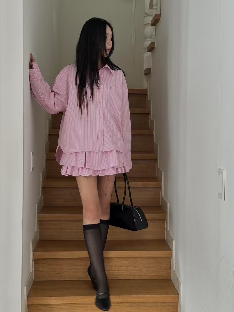 503102直條休閒風格襯衫 短褲裙  粉現貨