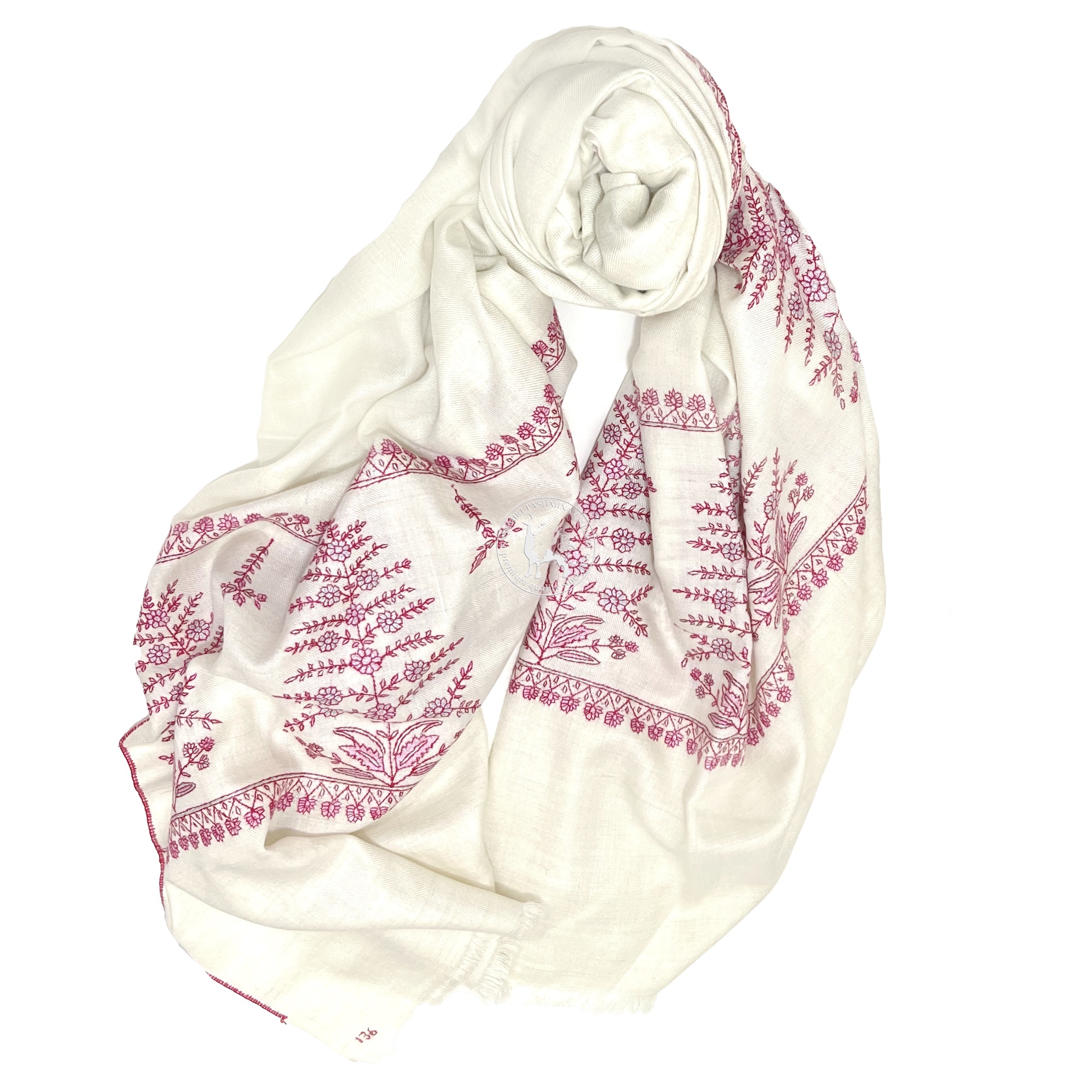 天然米白色刺繡喀什米爾 Shahmina圍巾披肩