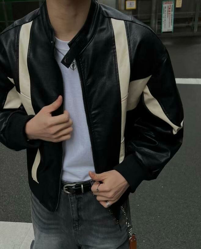 拼色企領拉鍊合成皮褸 TAC-0132JK