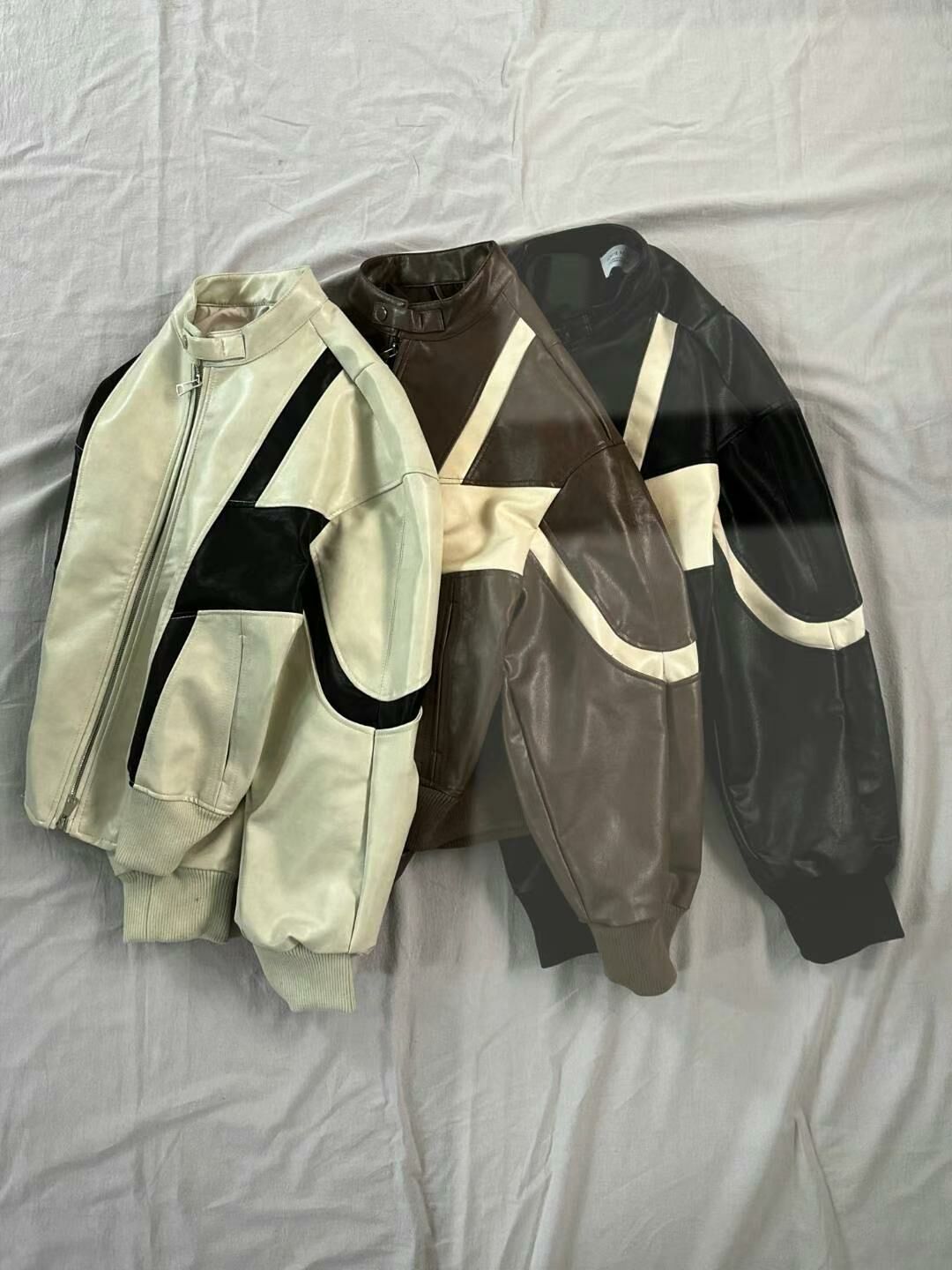 拼色企領拉鍊合成皮褸 TAC-0132JK