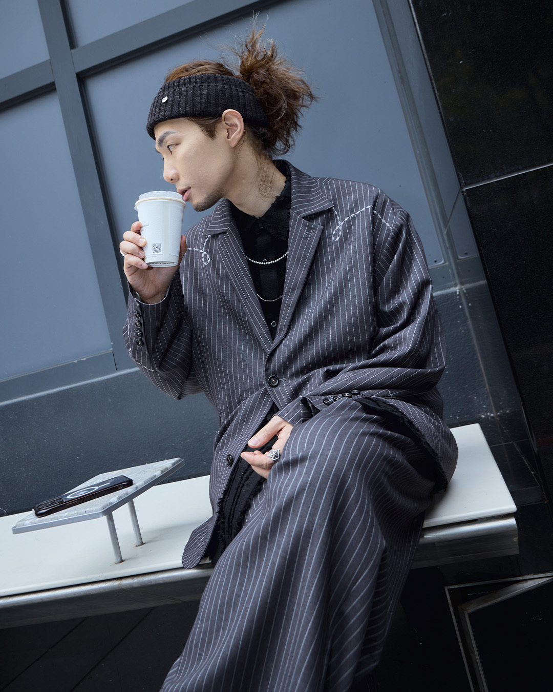 四季皆可 刺繡縫線 寬鬆西裝外套－條紋深灰