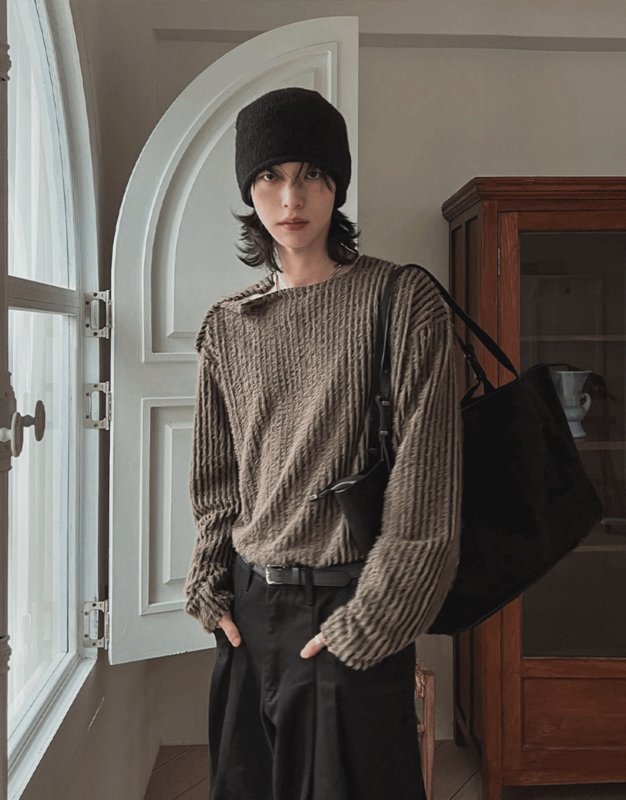 安哥拉條紋肩部按扣針織上衣