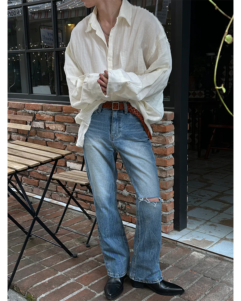 皺褶水洗喇叭牛仔褲 靴型褲