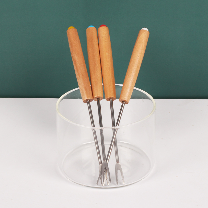 橡木柄甜點燒烤叉 4件組(尾蓋顏色隨機)