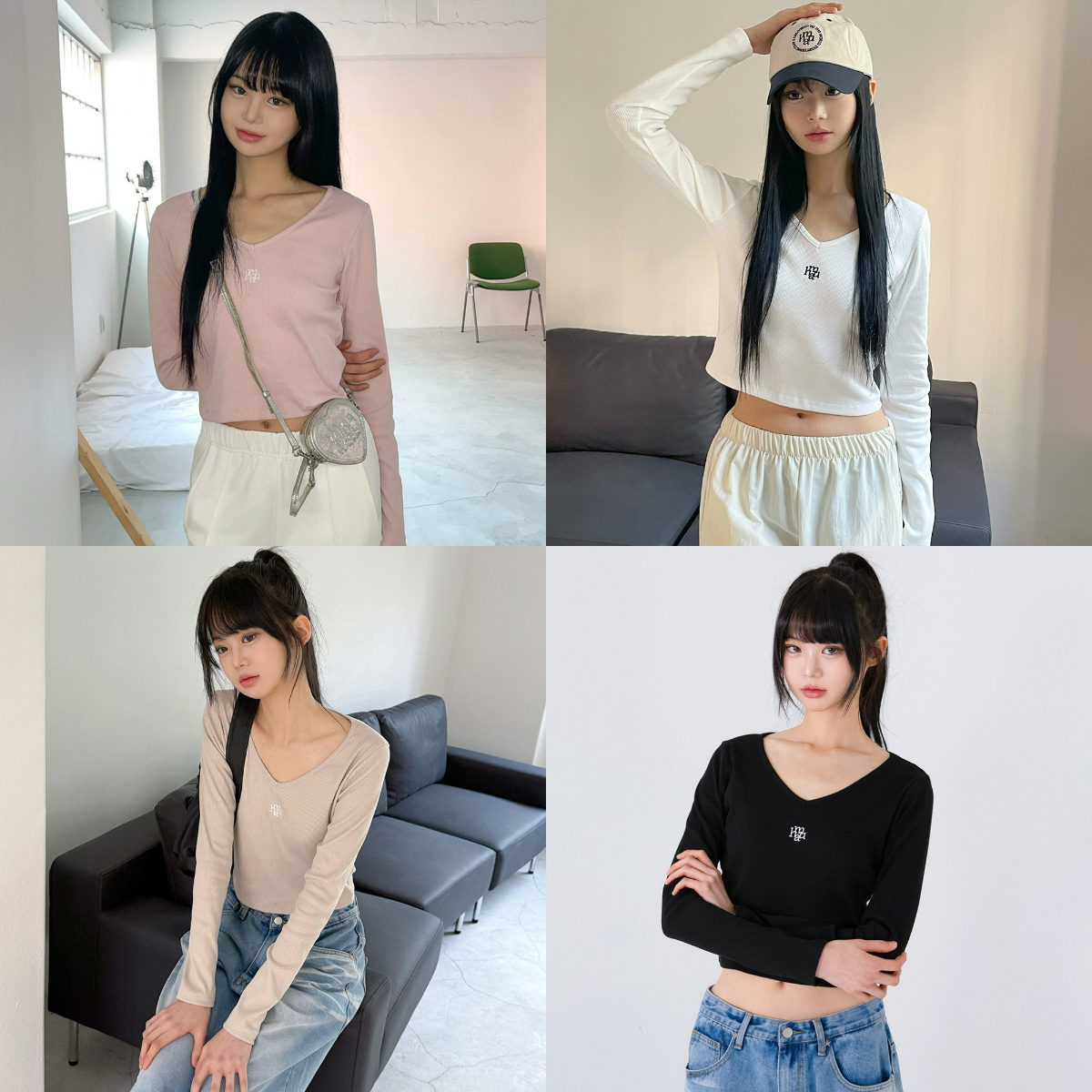 韓國muahmuah授權 百搭四色壓紋小標V領長袖薄衫