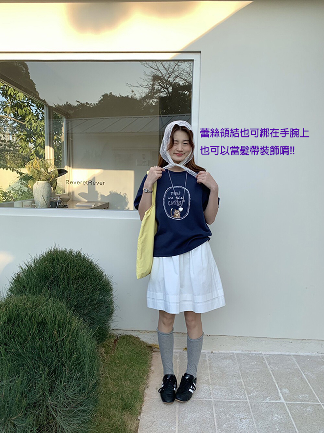 春 法式蕾絲貓咪印花上衣-深藍現貨