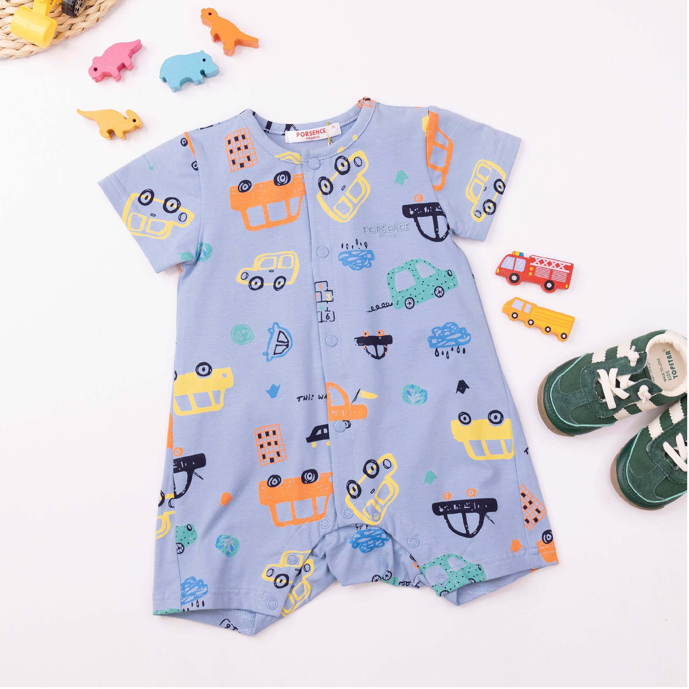 波紳士【12026】塗鴉風恐龍與車車連身裝