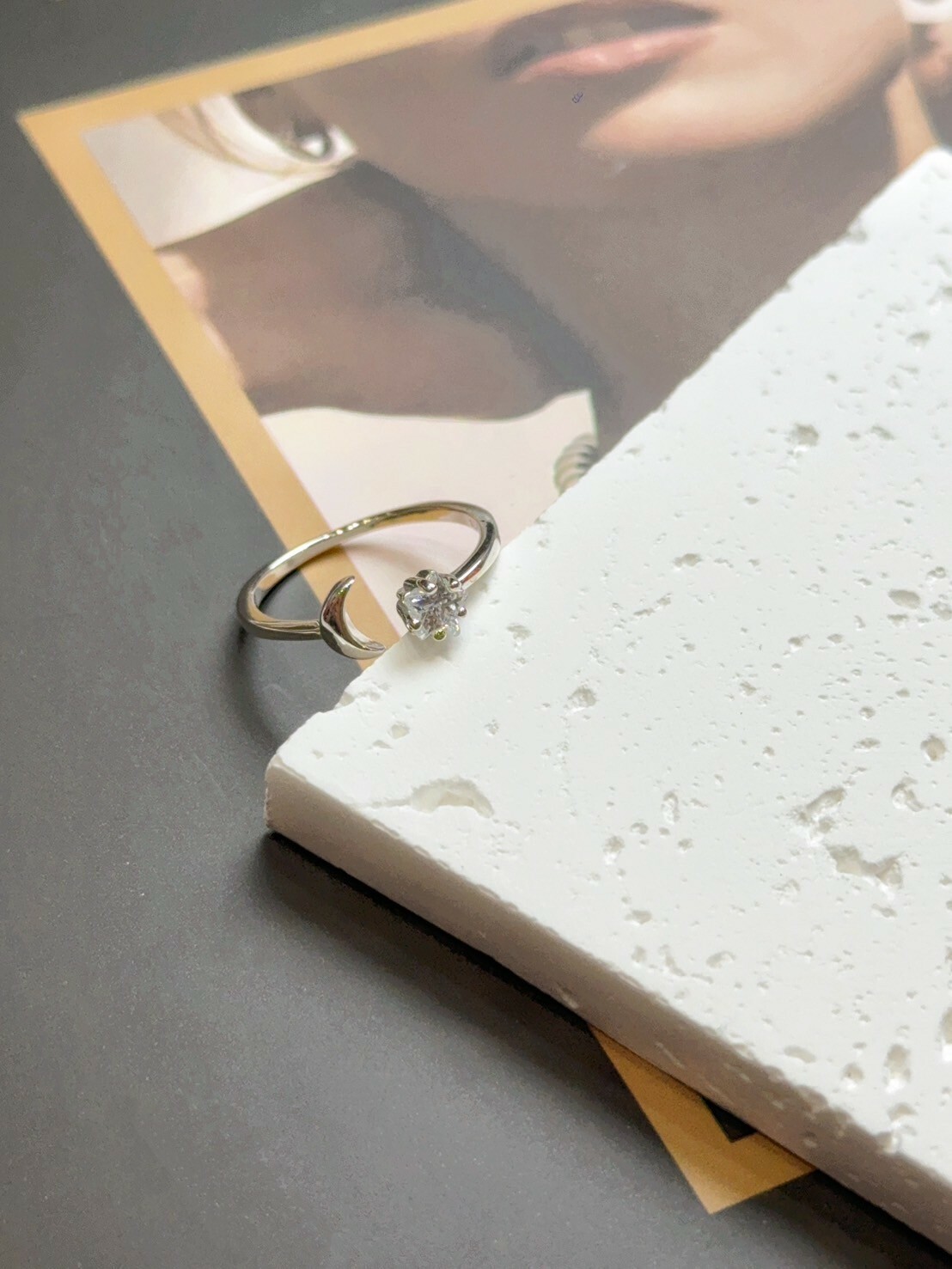 月落星沉|純銀星星鋯石月亮開口戒指