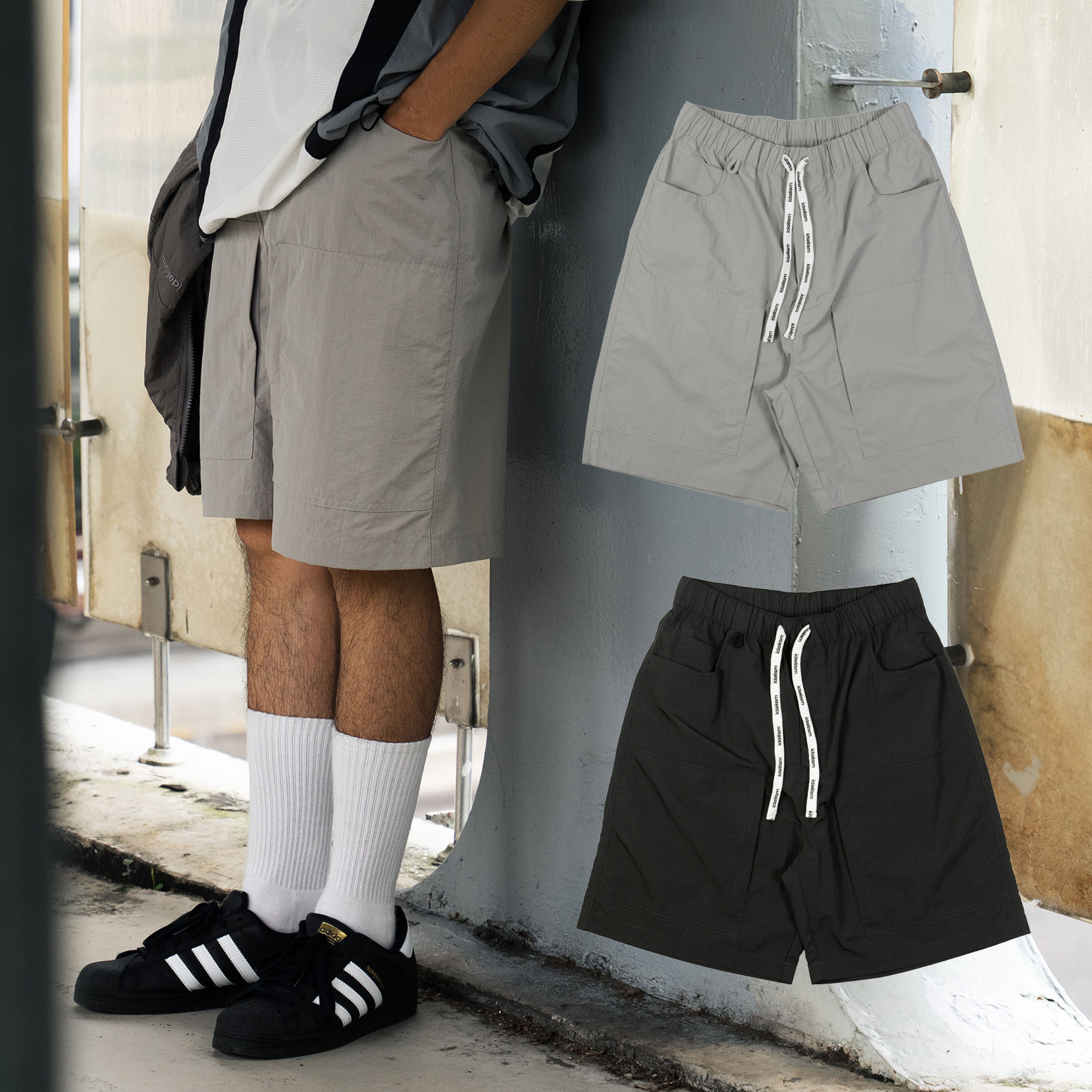 idealism W-Pocket Shorts 灰色 黑色 防潑水 大袋尼龍褲【ID24021】