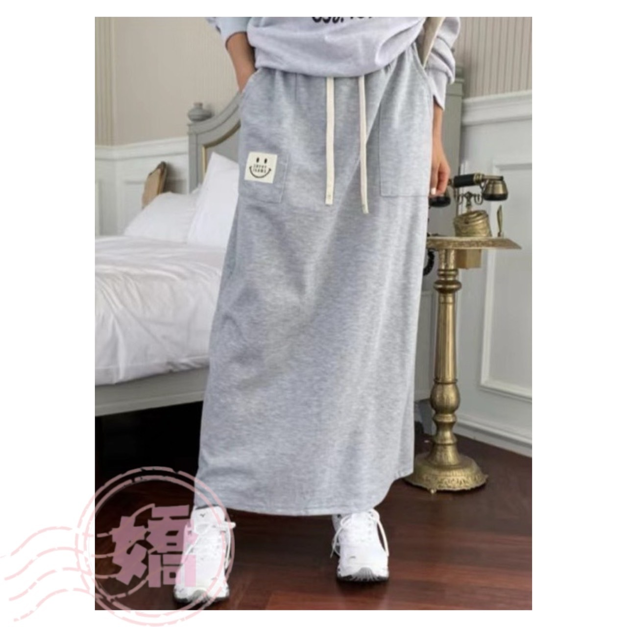 K18008微笑白標抽繩棉裙(淺灰'深灰'黑)