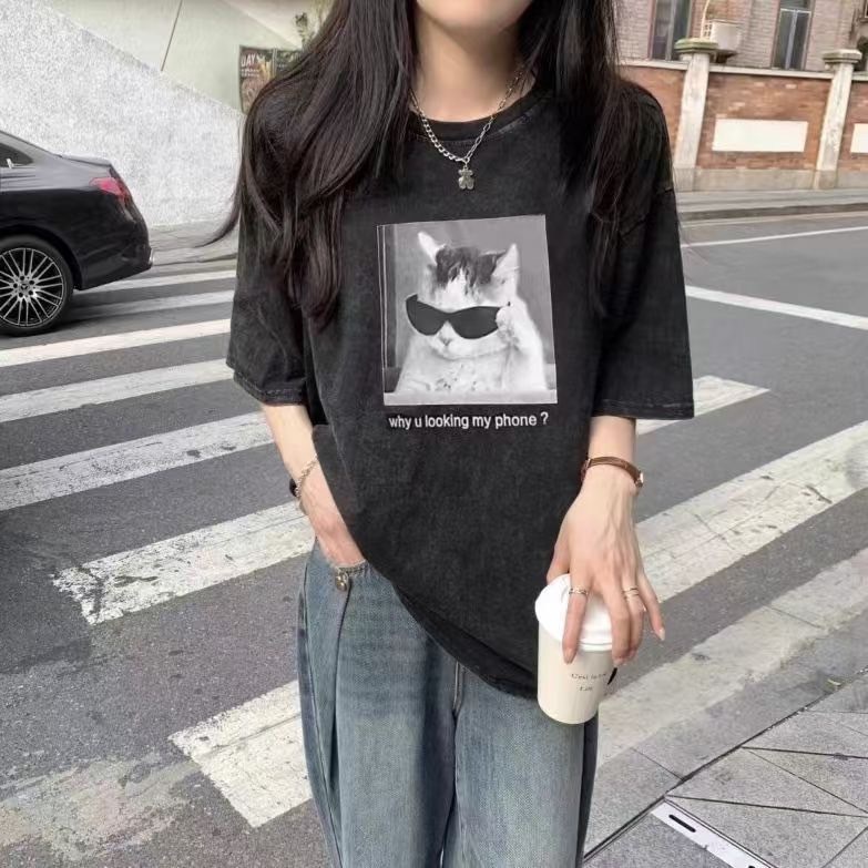 墨鏡星際貓咪水洗棉質衣