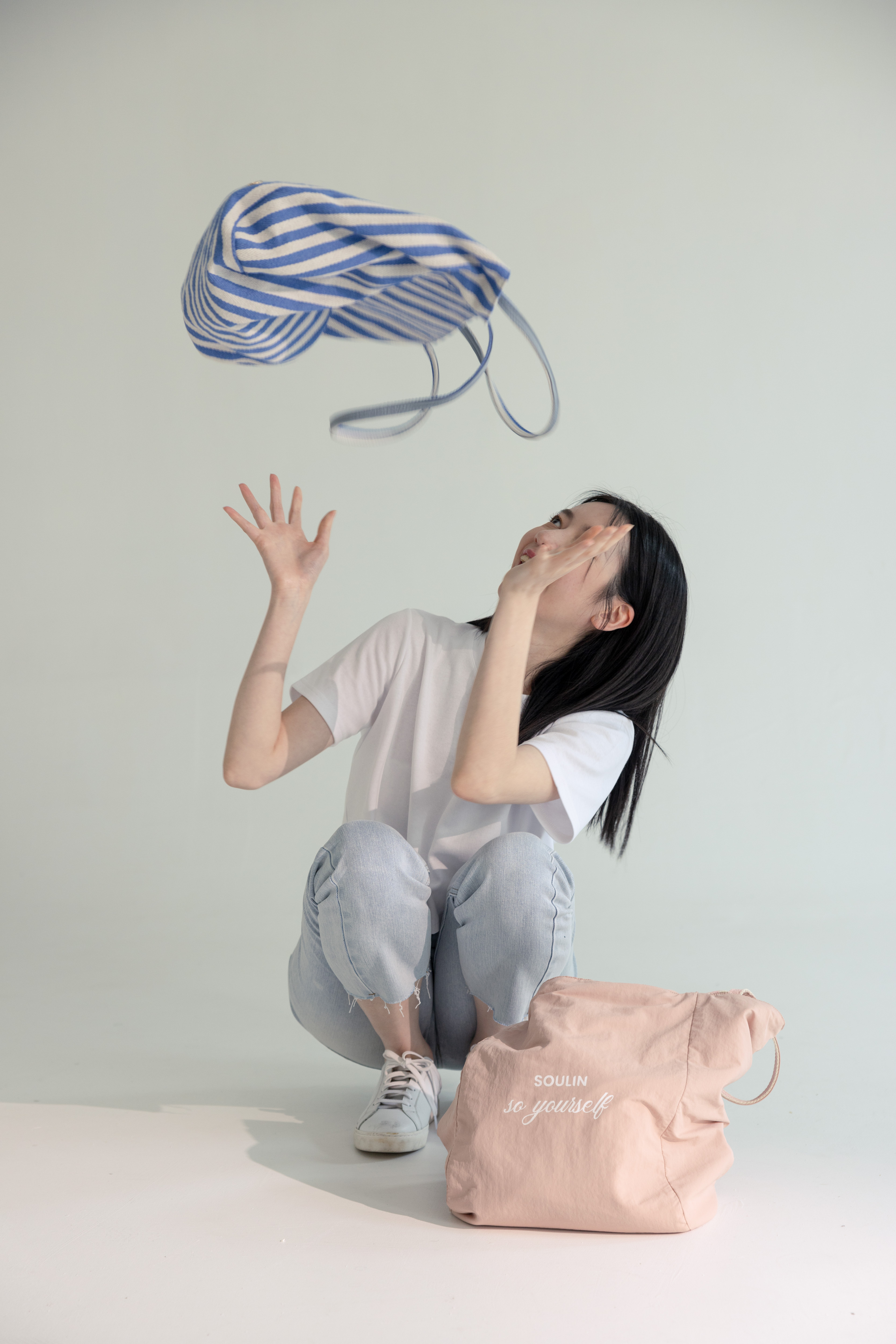 品牌雙面條紋尼龍包-粉