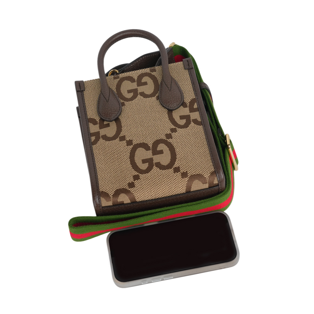 【GUCCI】Jumbo GG Logo 緹花布及皮革迷你二用托特包(棕色)699406 UKMDG 2570
