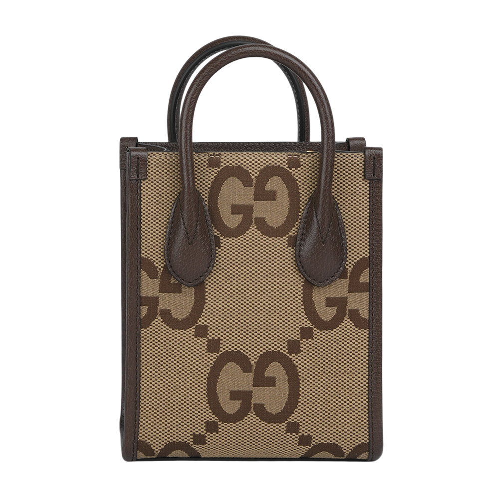 【GUCCI】Jumbo GG Logo 緹花布及皮革迷你二用托特包(棕色)699406 UKMDG 2570
