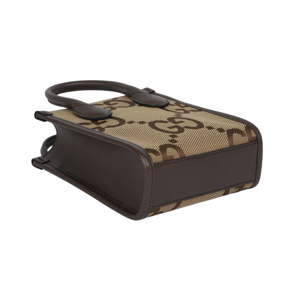 【GUCCI】Jumbo GG Logo 緹花布及皮革迷你二用托特包(棕色)699406 UKMDG 2570