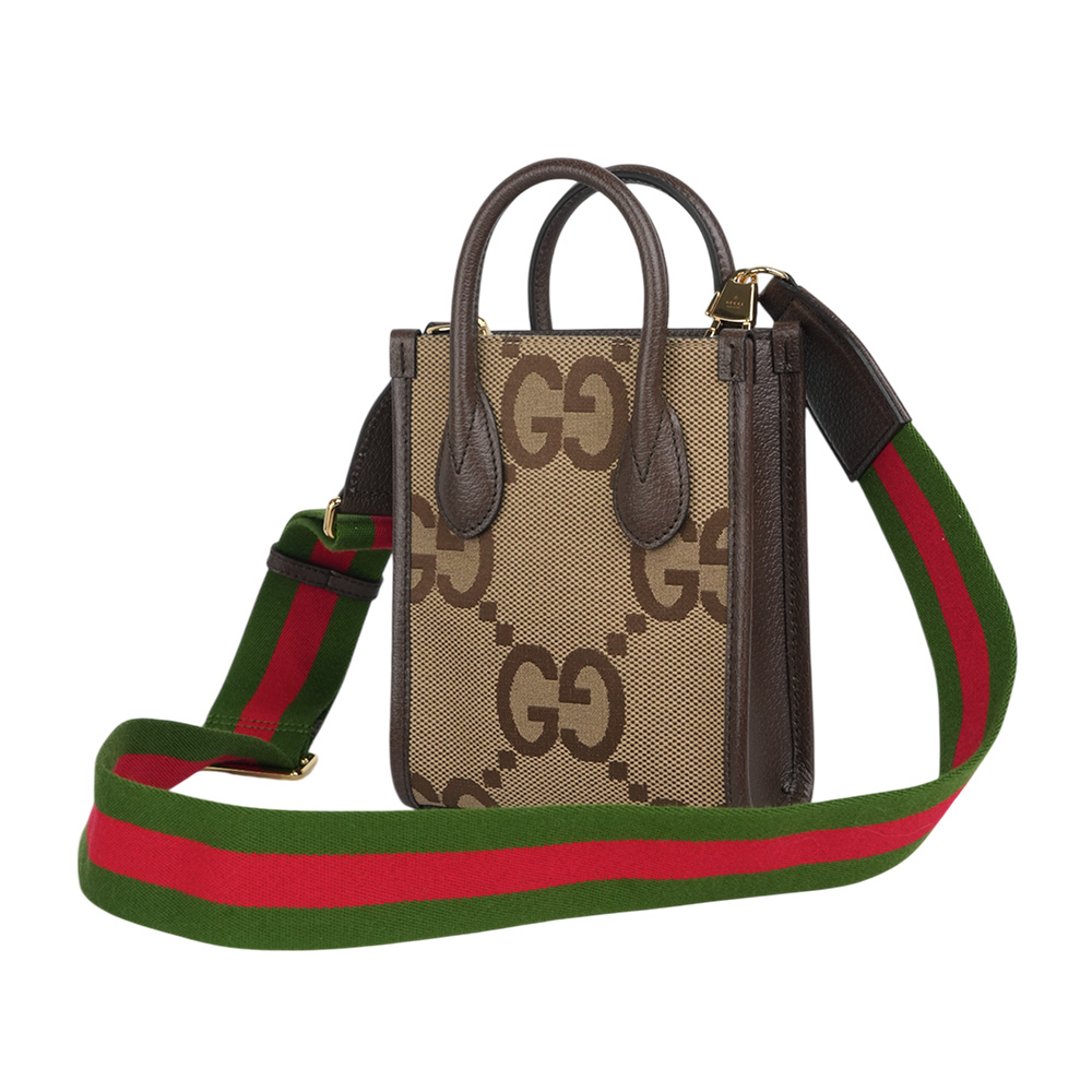 【GUCCI】Jumbo GG Logo 緹花布及皮革迷你二用托特包(棕色)699406 UKMDG 2570