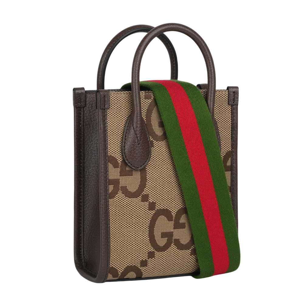 【GUCCI】Jumbo GG Logo 緹花布及皮革迷你二用托特包(棕色)699406 UKMDG 2570