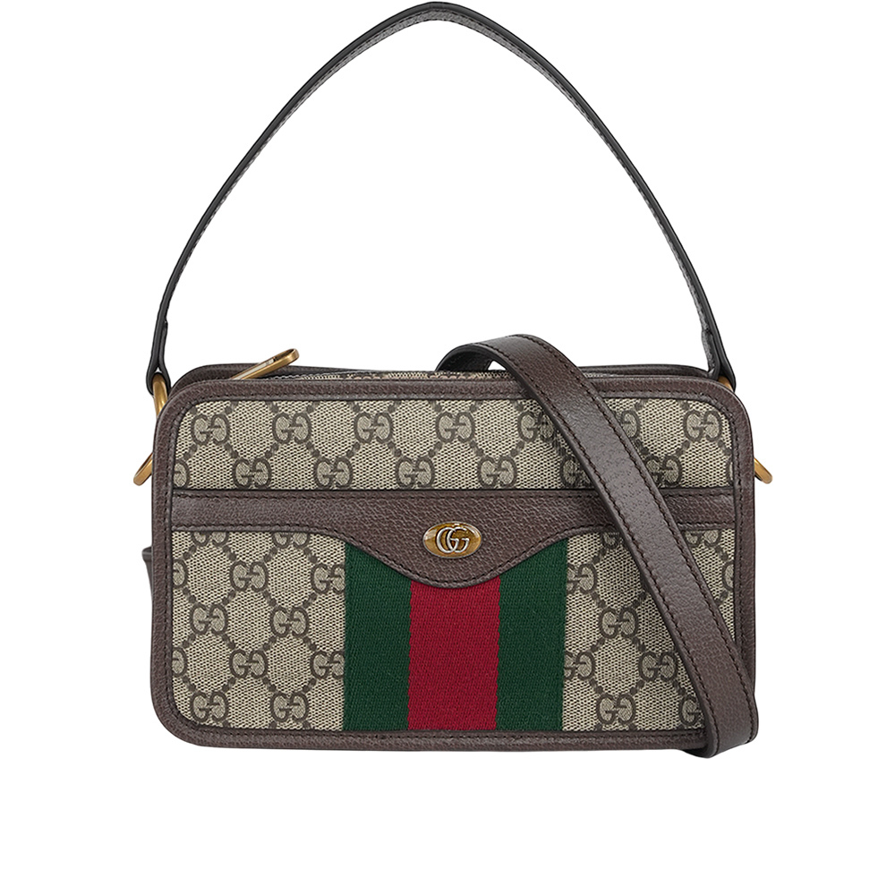 【GUCCI】Ophidia 塗層帆布及綠紅織帶手提/斜背二用方包