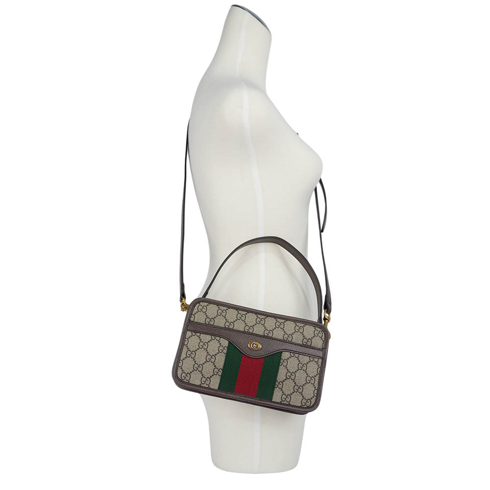 【GUCCI】Ophidia 塗層帆布及綠紅織帶手提/斜背二用方包(米色/烏木色)779890 96IWT 8745
