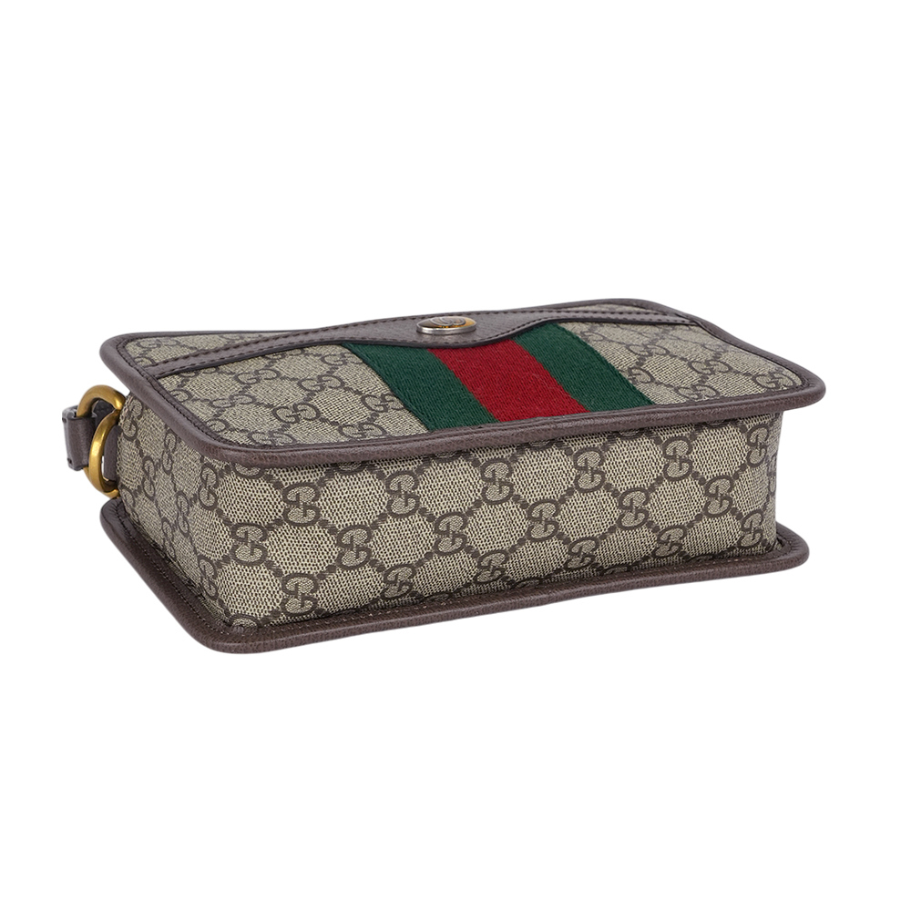 【GUCCI】Ophidia 塗層帆布及綠紅織帶手提/斜背二用方包(米色/烏木色)779890 96IWT 8745