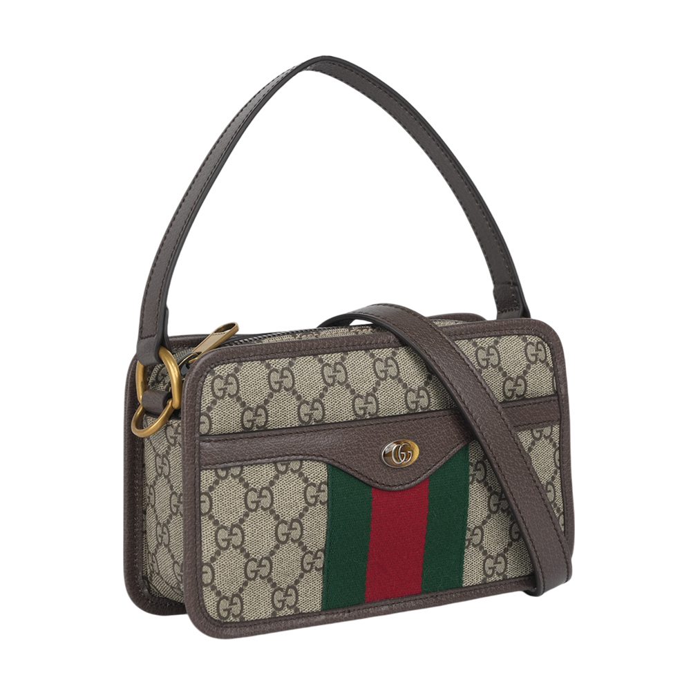【GUCCI】Ophidia 塗層帆布及綠紅織帶手提/斜背二用方包(米色/烏木色)779890 96IWT 8745