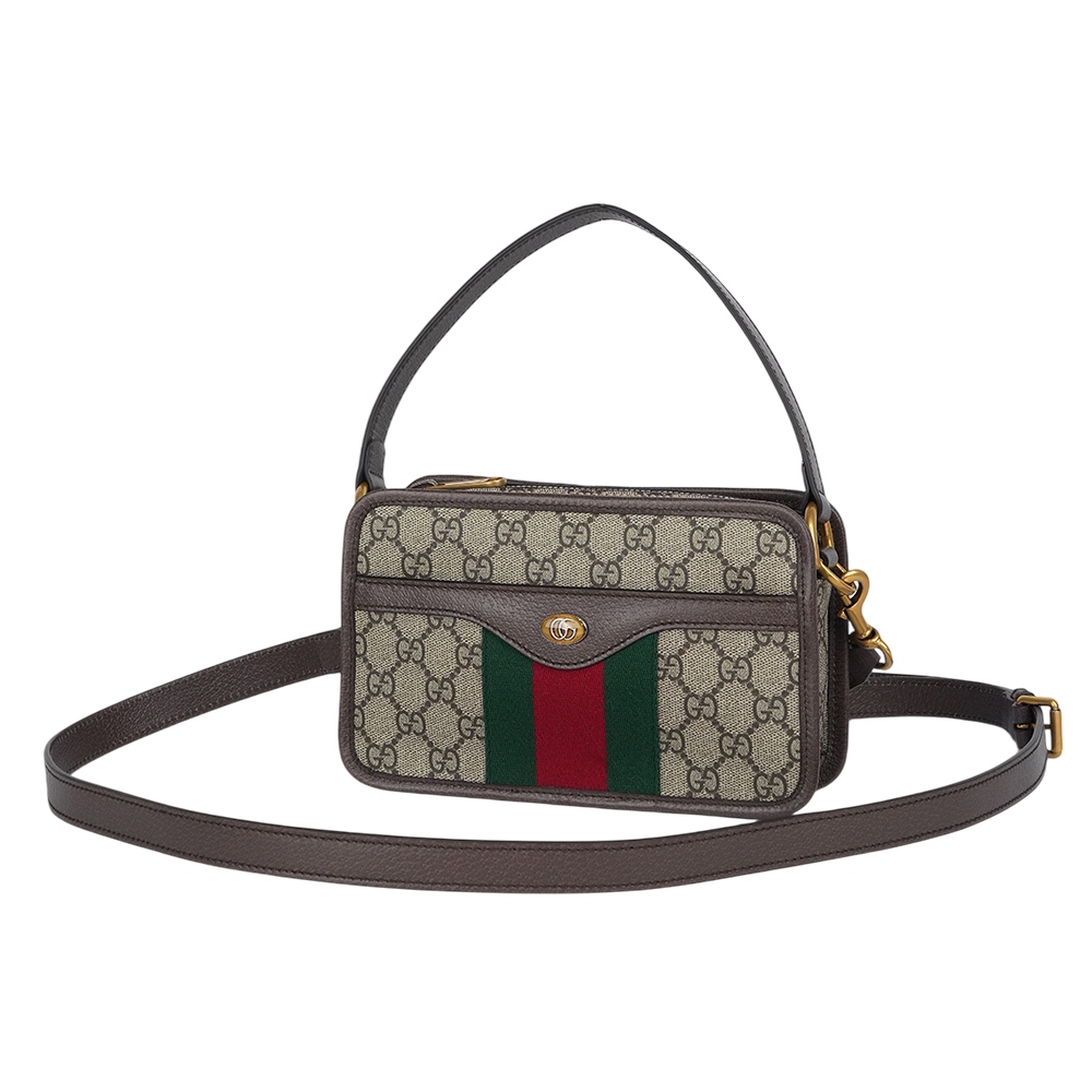 【GUCCI】Ophidia 塗層帆布及綠紅織帶手提/斜背二用方包(米色/烏木色)779890 96IWT 8745