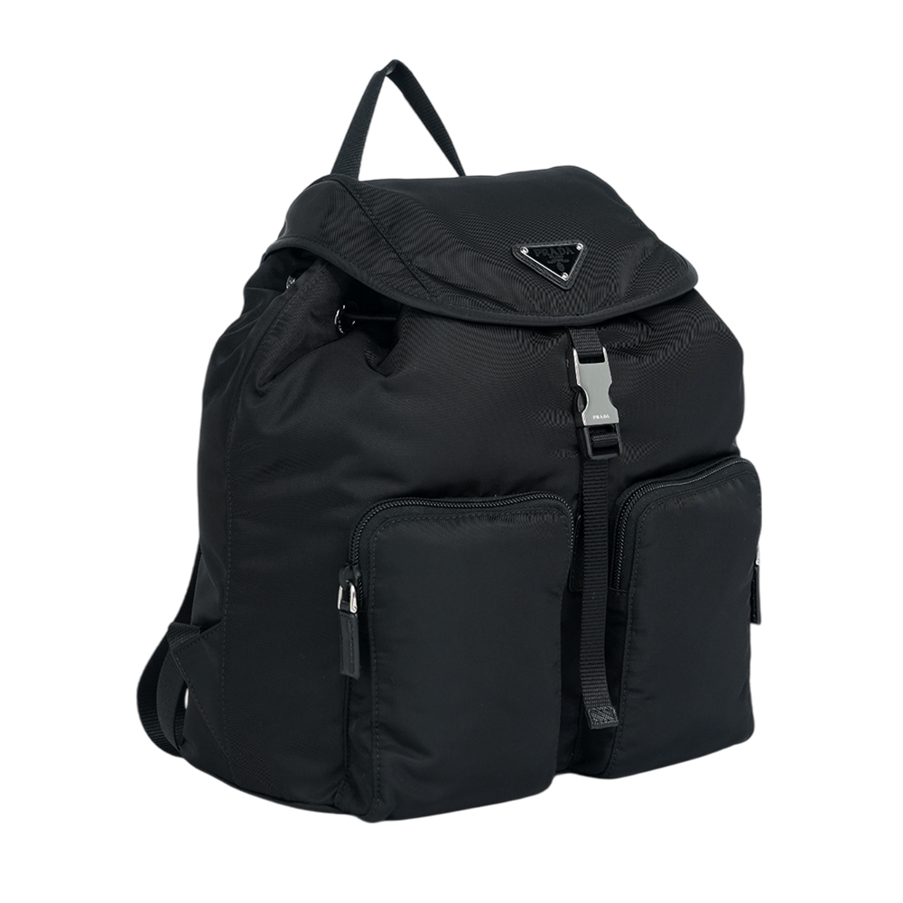 【PRADA】三角牌Logo 尼龍雙口袋後背包(黑色)1BZ070 ZOT F0002