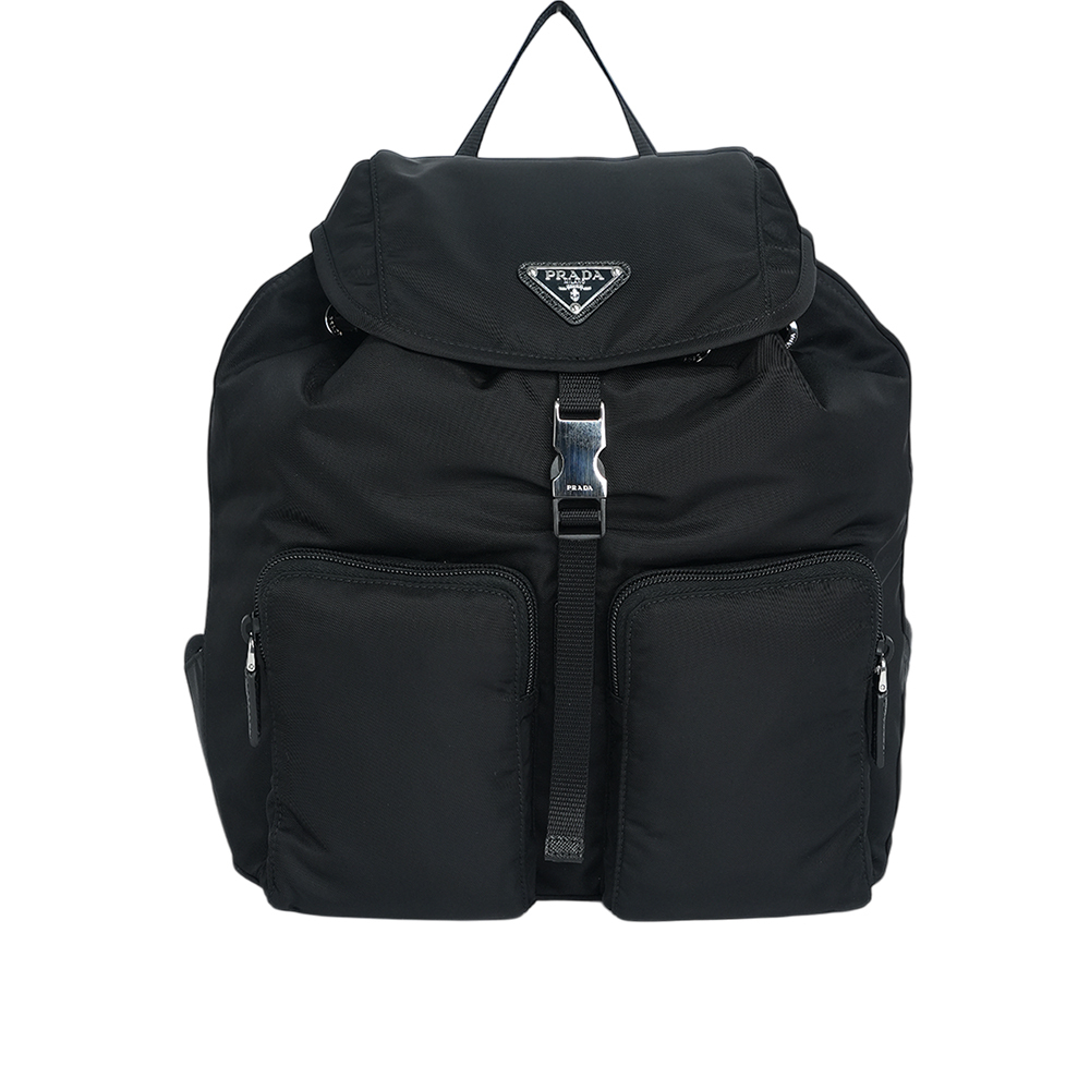 【PRADA】三角牌Logo 尼龍雙口袋後背包(黑色)1BZ070 ZOT F0002