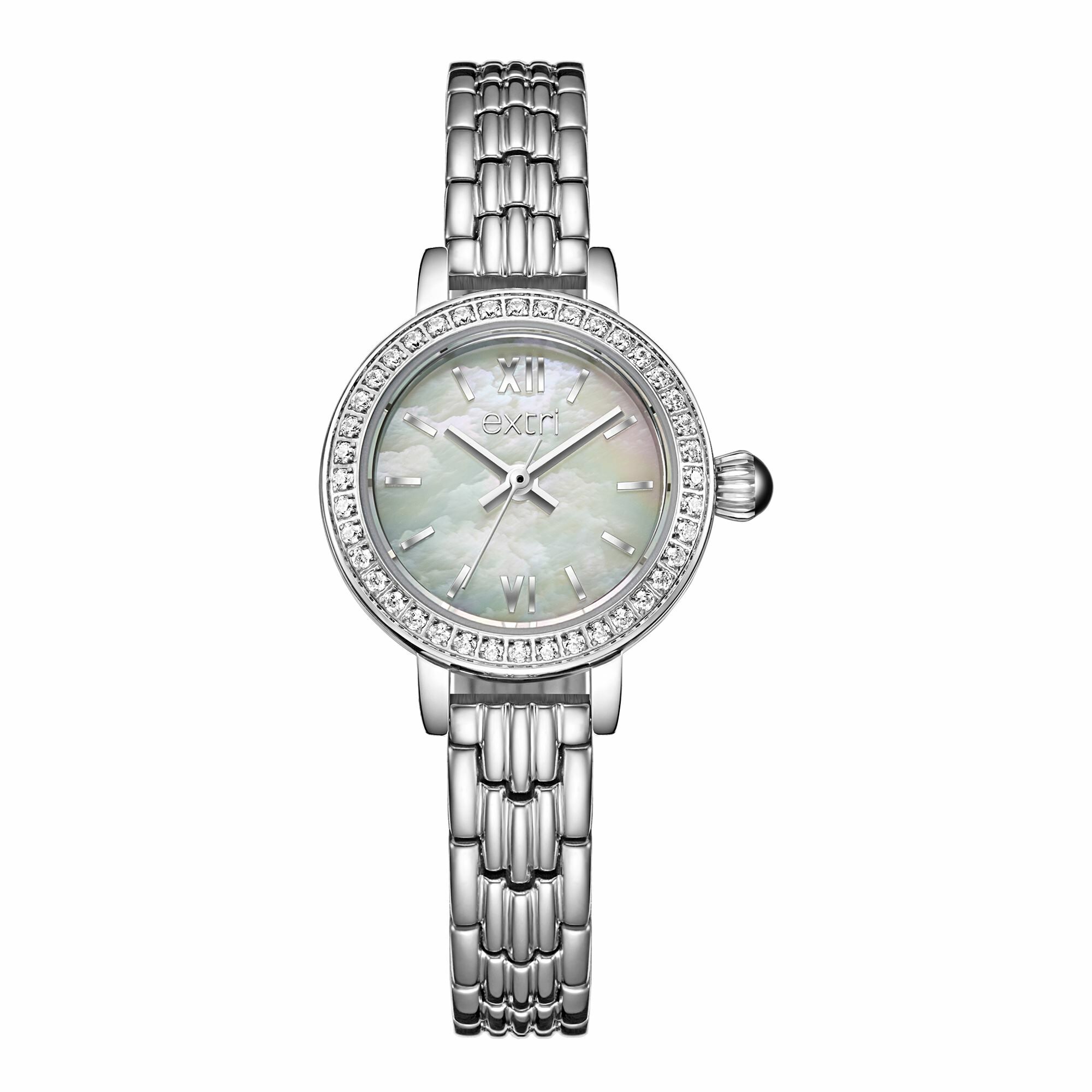 【EXTRI】 E1003 時尚 簡約 晶鑽錶圈 珍珠母貝錶盤 不鏽鋼 手錶 女錶