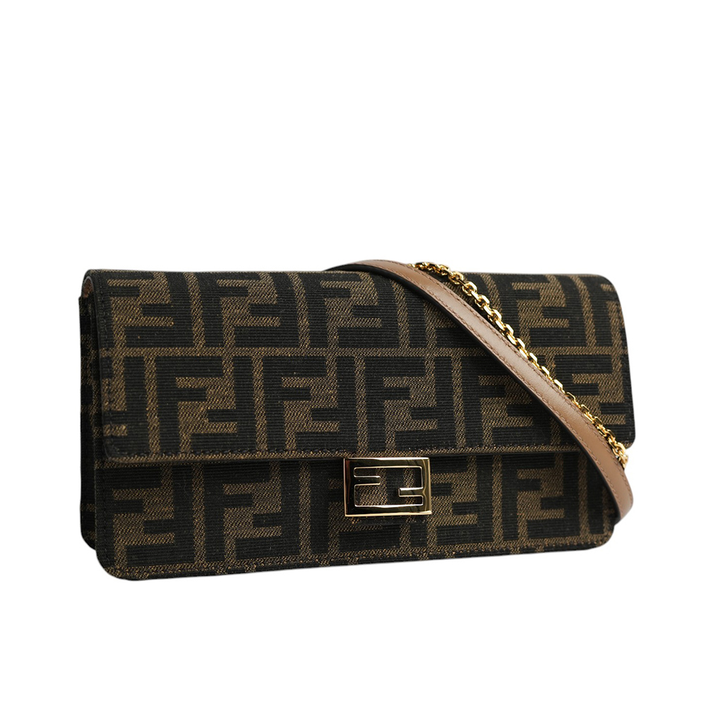 【FENDI】Baguette FF Logo 緹花布二用皮夾式鍊包/WOC