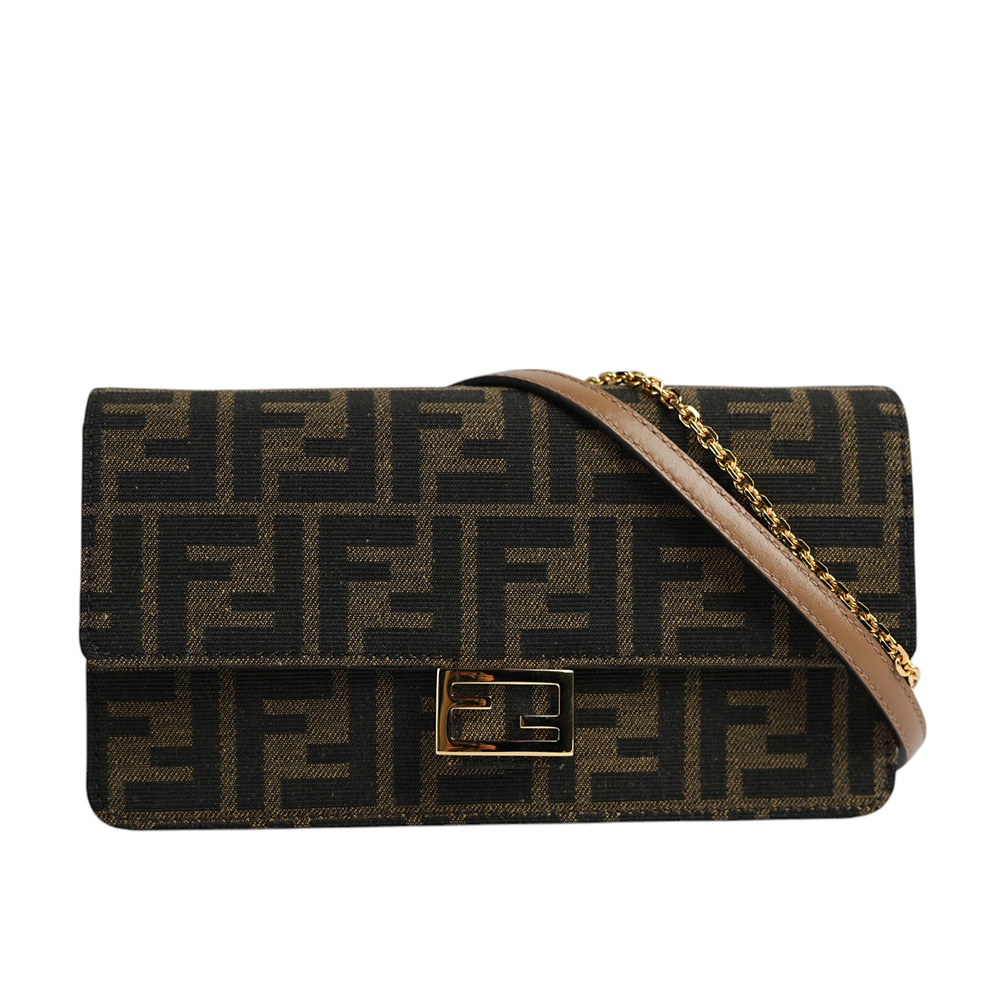 【FENDI】Baguette FF Logo 緹花布二用皮夾式鍊包/WOC(棕色)8M0498 A98P F0A6E