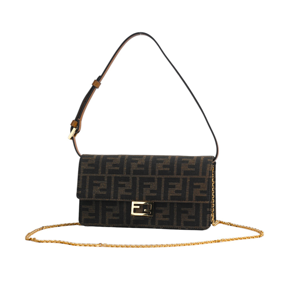 【FENDI】Baguette FF Logo 緹花布二用皮夾式鍊包/WOC(棕色)8M0498 A98P F0A6E
