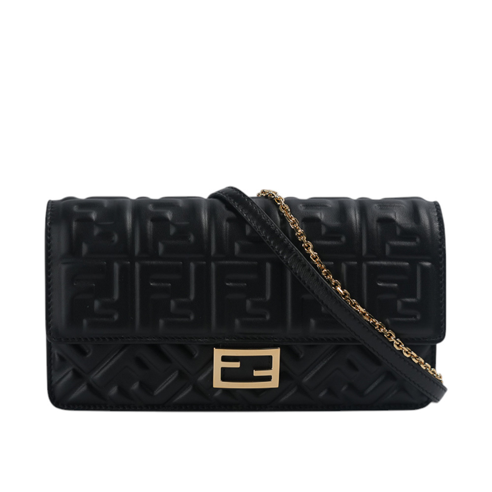 【FENDI】Baguette FF Logo 浮雕納帕皮革二用皮夾式鍊包/WOC (黑色)8M0498 AAJD F0KUR