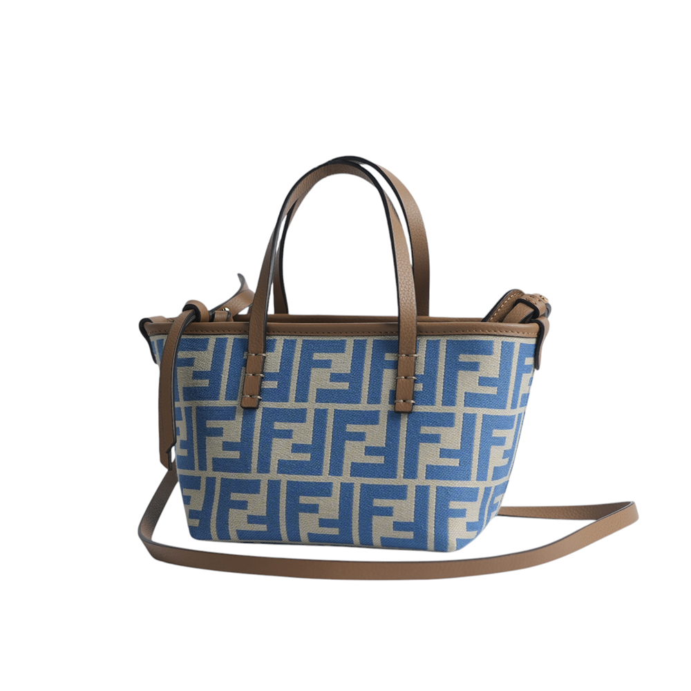 【FENDI】Roll FF Logo 緹花布迷你手提/斜背二用包(淺藍色)8BS096 AOVJ F1PIP