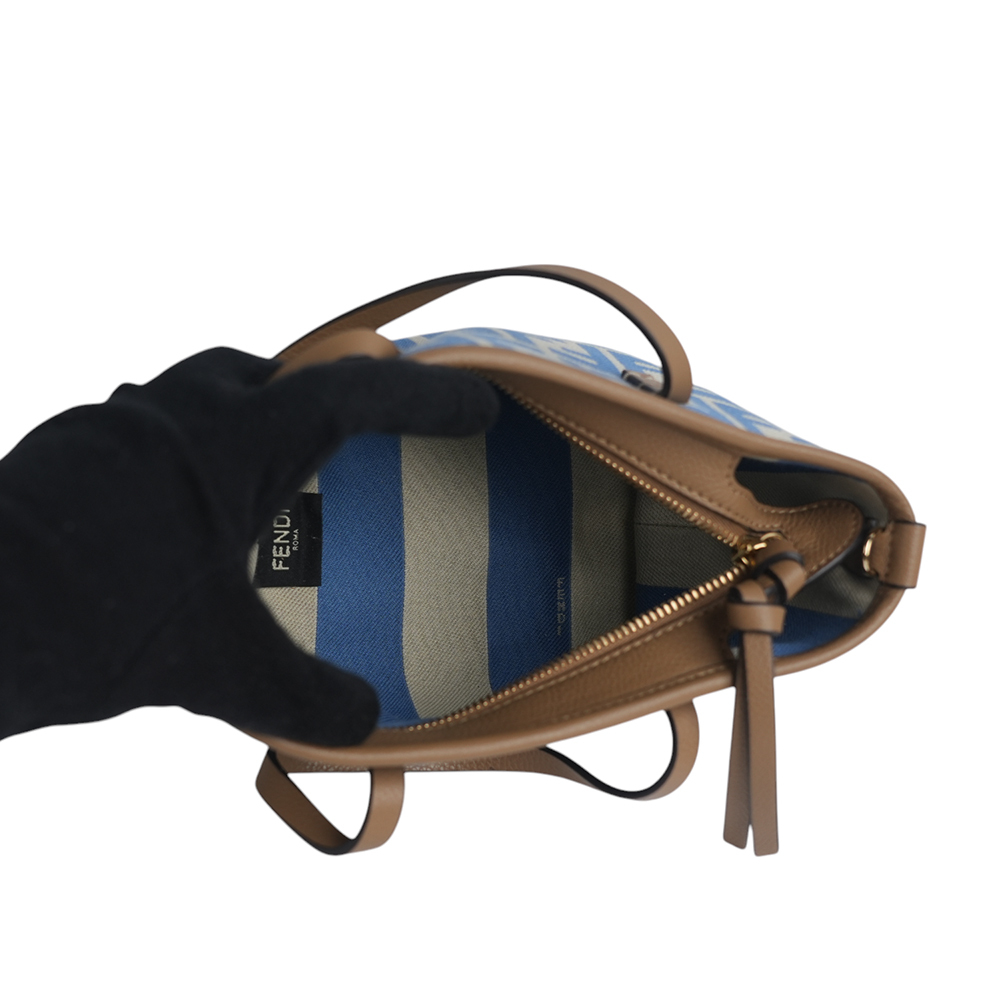 【FENDI】Roll FF Logo 緹花布迷你手提/斜背二用包(淺藍色)8BS096 AOVJ F1PIP