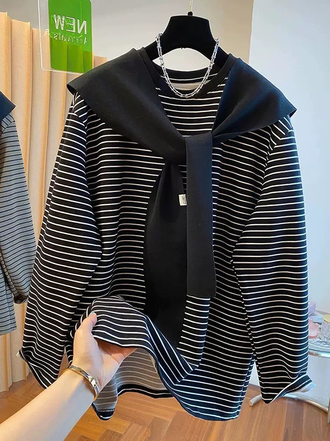 基本款條紋百搭上衣-附連帽披肩 現貨