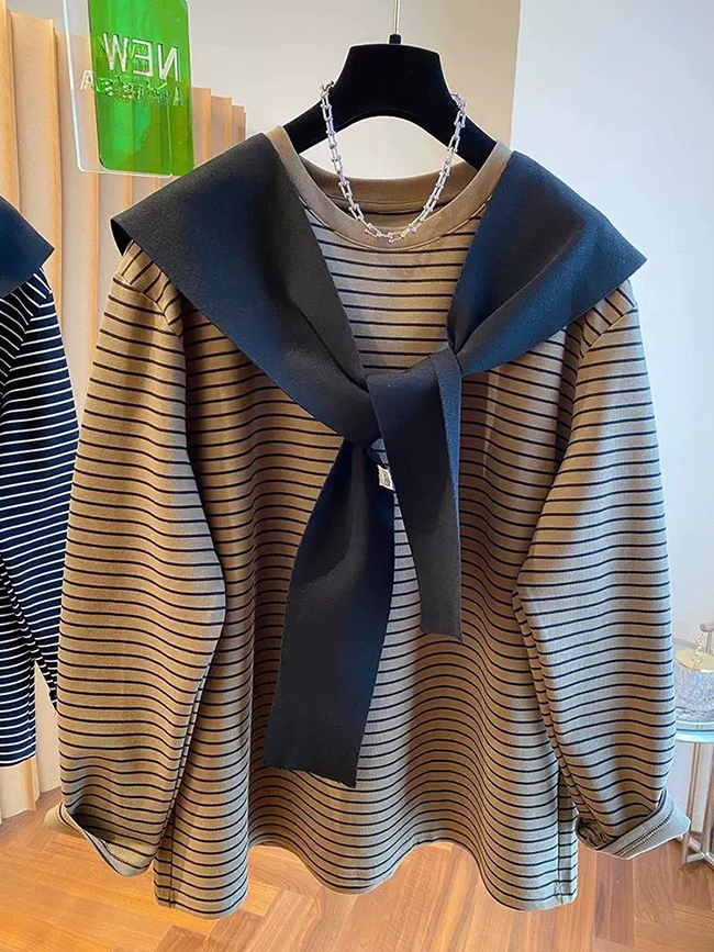 基本款條紋百搭上衣-附連帽披肩 現貨