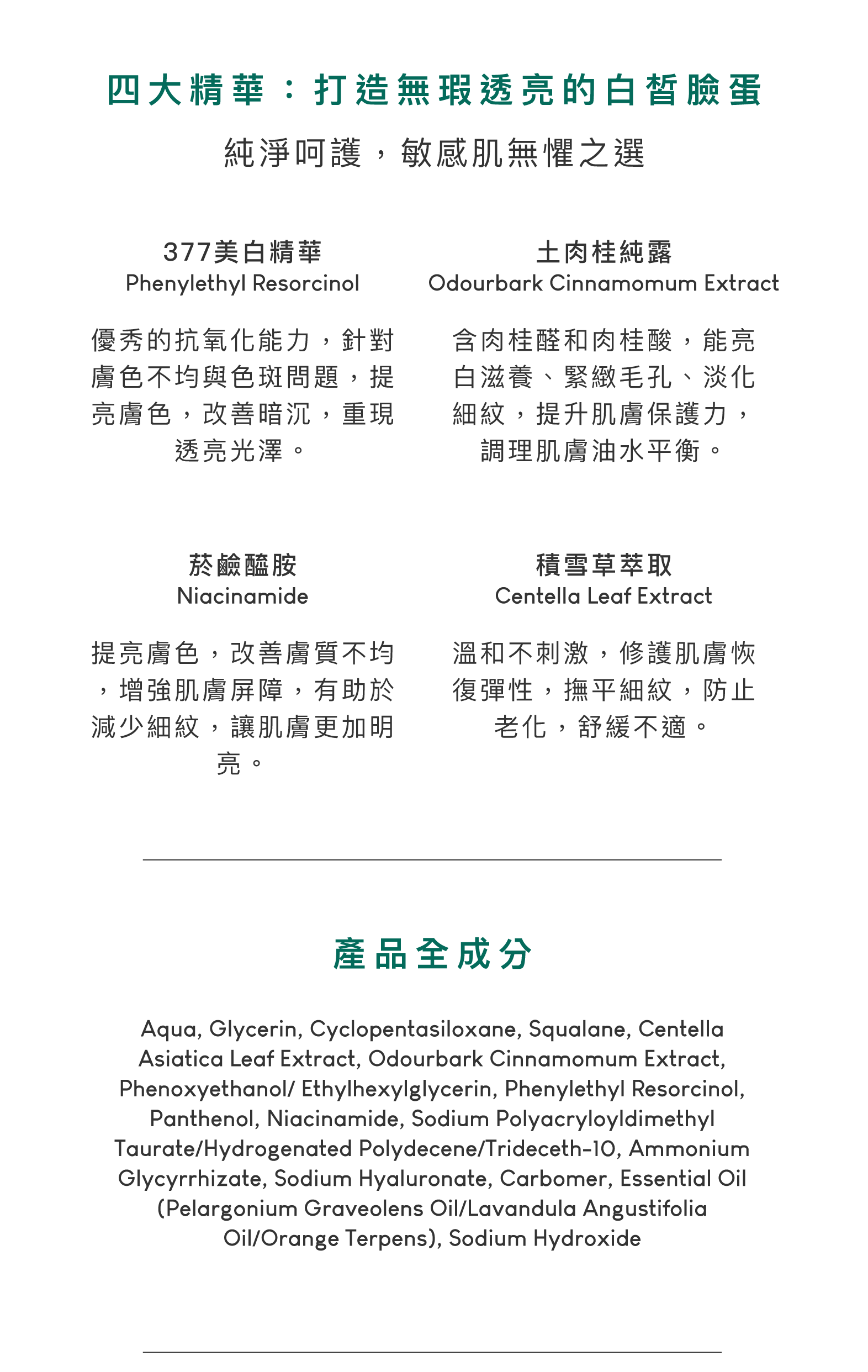 377美白精華，優秀的抗氧化能力，針對膚色不均與色斑問題，提亮膚色，改善暗沉，重現透亮光澤。土肉桂純露，含肉桂醛和肉桂酸，能亮白滋養、緊緻毛孔、淡化細紋，提升肌膚保護力，調理肌膚油水平衡。菸鹼醯胺，提亮膚色，改善膚質不均，增強肌膚屏障，有助於減少細紋，讓肌膚更加明亮。積雪草萃取，溫和不刺激，修護肌膚恢復彈性，撫平細紋，防止老化，舒緩不適。