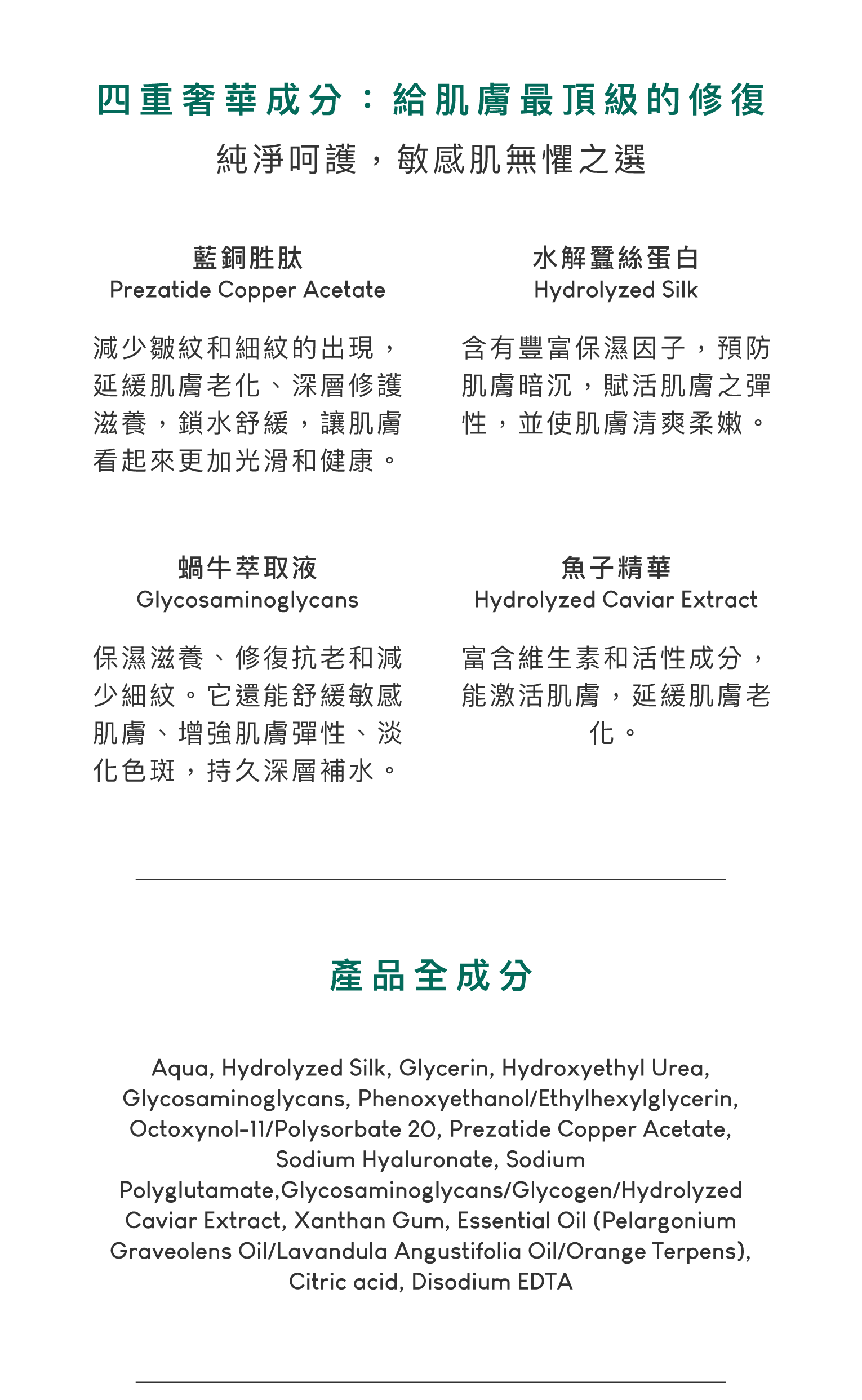 藍銅胜肽，減少皺紋和細紋的出現，延緩肌膚老化、深層修護滋養，鎖水舒緩，讓肌膚看起來更加光滑和健康。水解蠶絲蛋白，含有豐富保濕因子，預防肌膚暗沉，賦活肌膚之彈性，並使肌膚清爽柔嫩。蝸牛萃取液，保濕滋養、修復抗老和減少細紋。它還能舒緩敏感肌膚、增強肌膚彈性、淡化色斑，持久深層補水。魚子精華，富含維生素和活性成分，能激活肌膚，延緩肌膚老化。