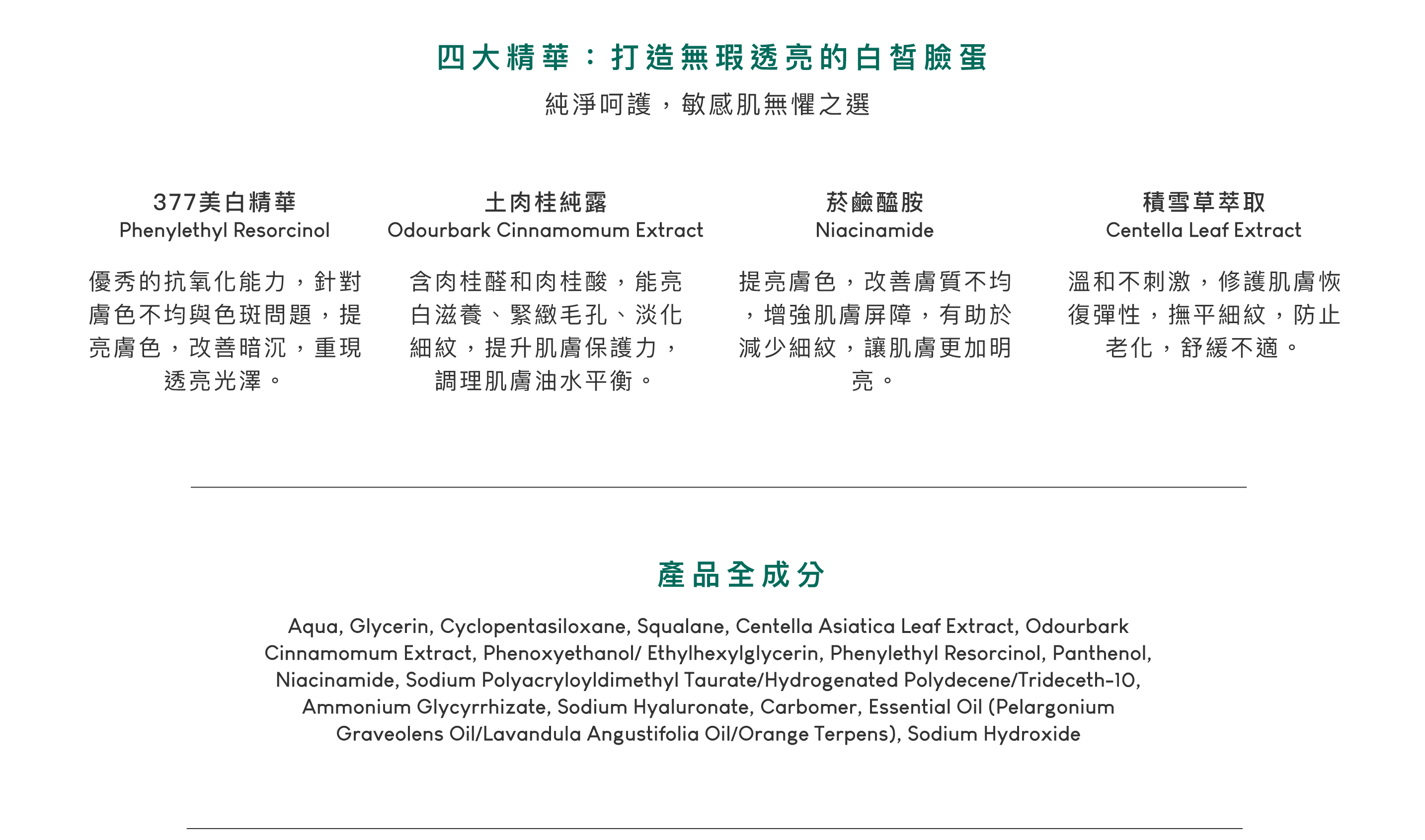 377美白精華，優秀的抗氧化能力，針對膚色不均與色斑問題，提亮膚色，改善暗沉，重現透亮光澤。土肉桂純露，含肉桂醛和肉桂酸，能亮白滋養、緊緻毛孔、淡化細紋，提升肌膚保護力，調理肌膚油水平衡。菸鹼醯胺，提亮膚色，改善膚質不均，增強肌膚屏障，有助於減少細紋，讓肌膚更加明亮。積雪草萃取，溫和不刺激，修護肌膚恢復彈性，撫平細紋，防止老化，舒緩不適。