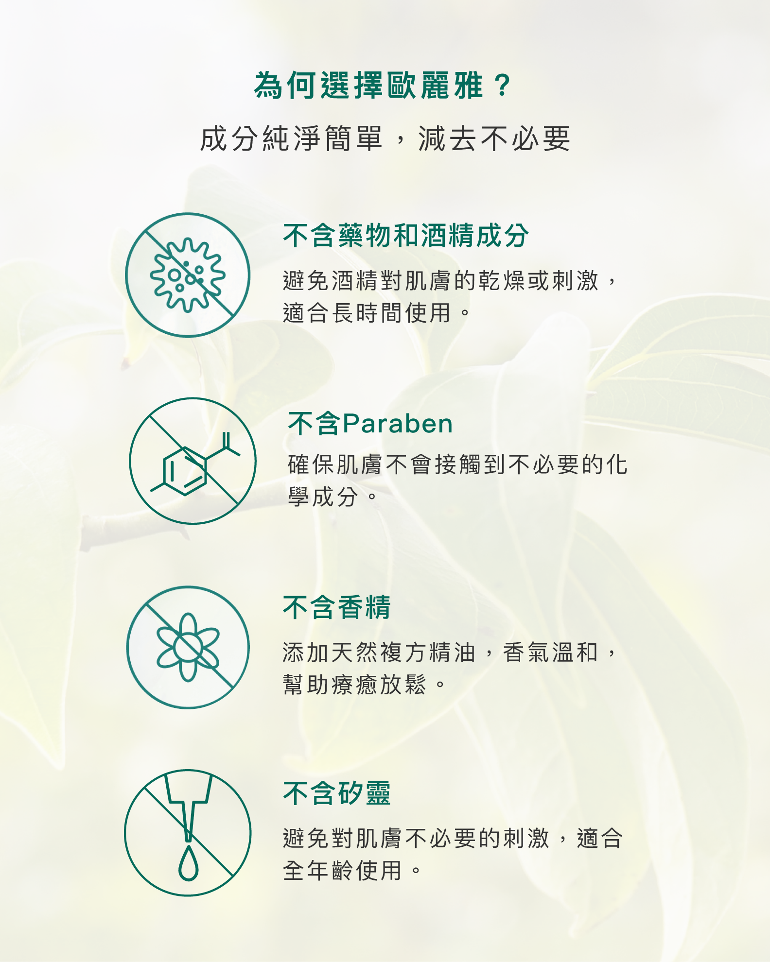 為何選擇歐麗雅？成分純淨簡單，減去不必要。不含藥物和酒精成分:避免酒精對肌膚的乾燥或刺激，適合長時間使用。不含Paraben:確保肌膚不會接觸到不必要的化學成分。不含香精:添加天然複方精油，香氣溫和，幫助療癒放鬆。不含矽靈:避免對肌膚不必要的刺激，適合全年齡使用。