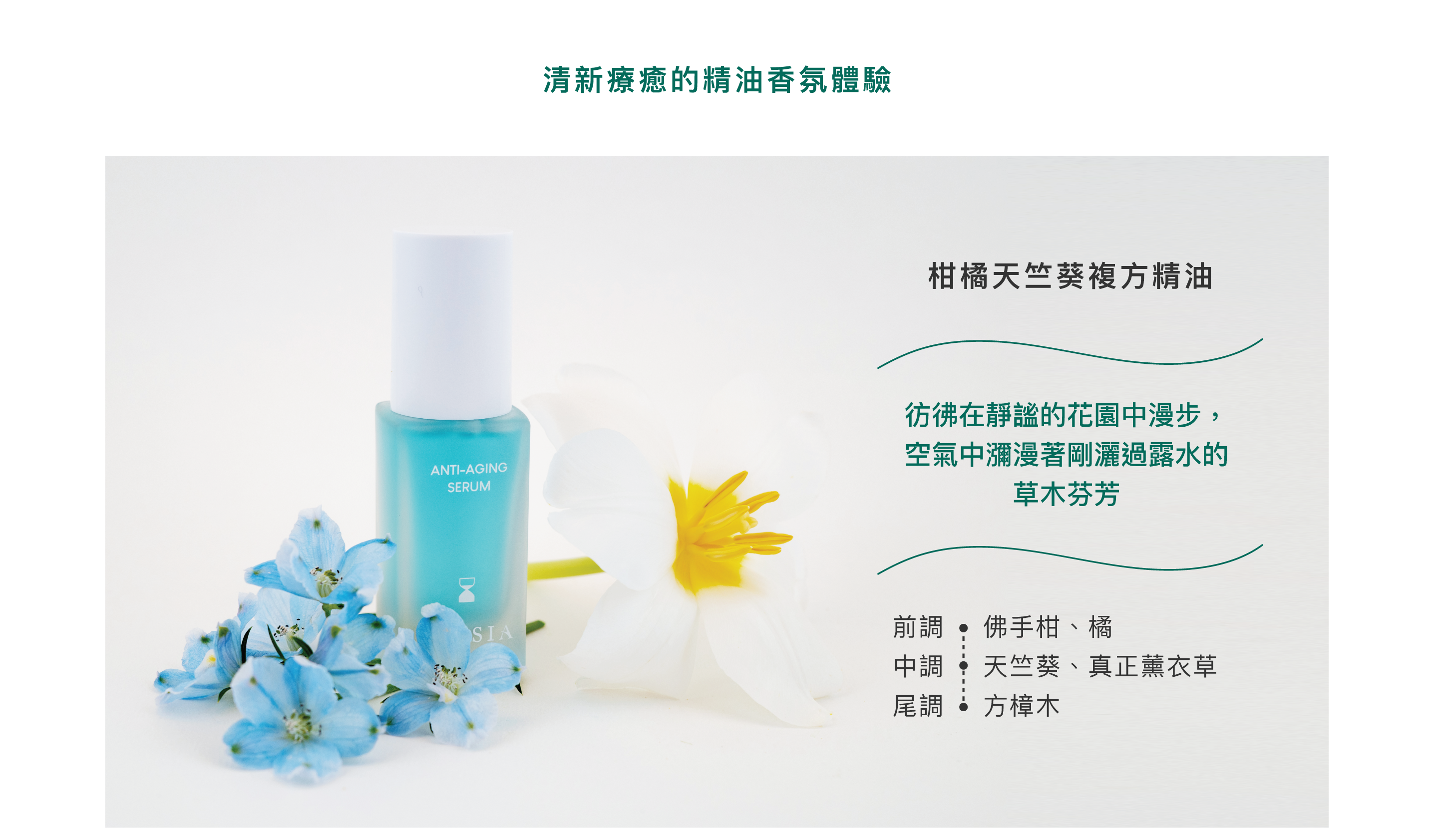 清新療癒的精油香氛體驗:柑橘天竺葵複方精油，彷彿在靜謐的花園中漫步，空氣中瀰漫著剛灑過露水的草木芬芳。佛手柑、橘、天竺葵、真正薰衣草、方樟木