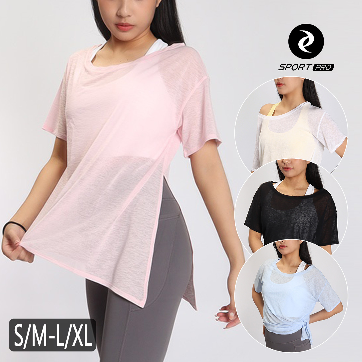 竹節紗寬鬆側開叉瑜珈/運動/機能短袖*