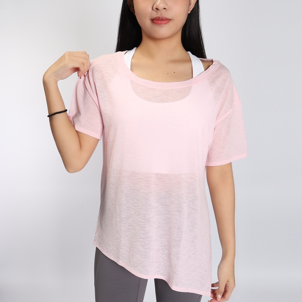 竹節紗寬鬆側開叉瑜珈/運動/機能短袖*