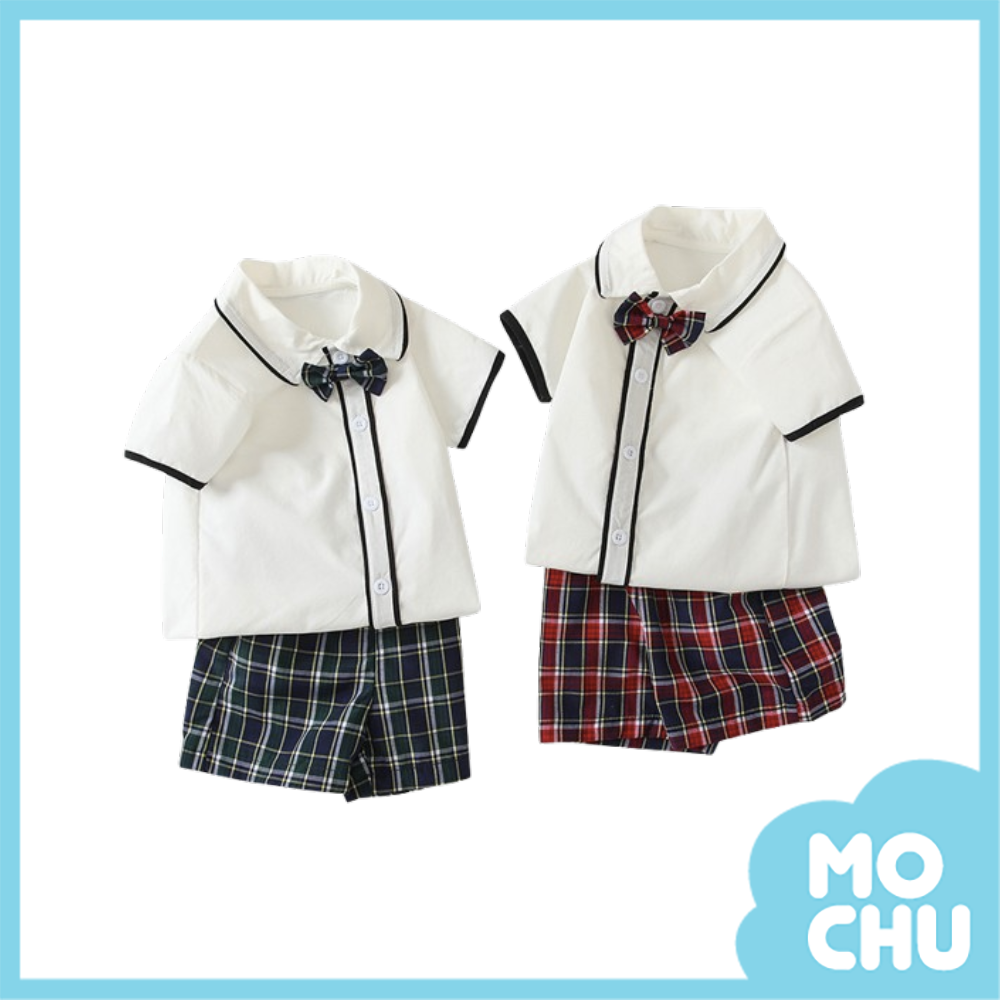 學院風領結格紋套裝(二色)