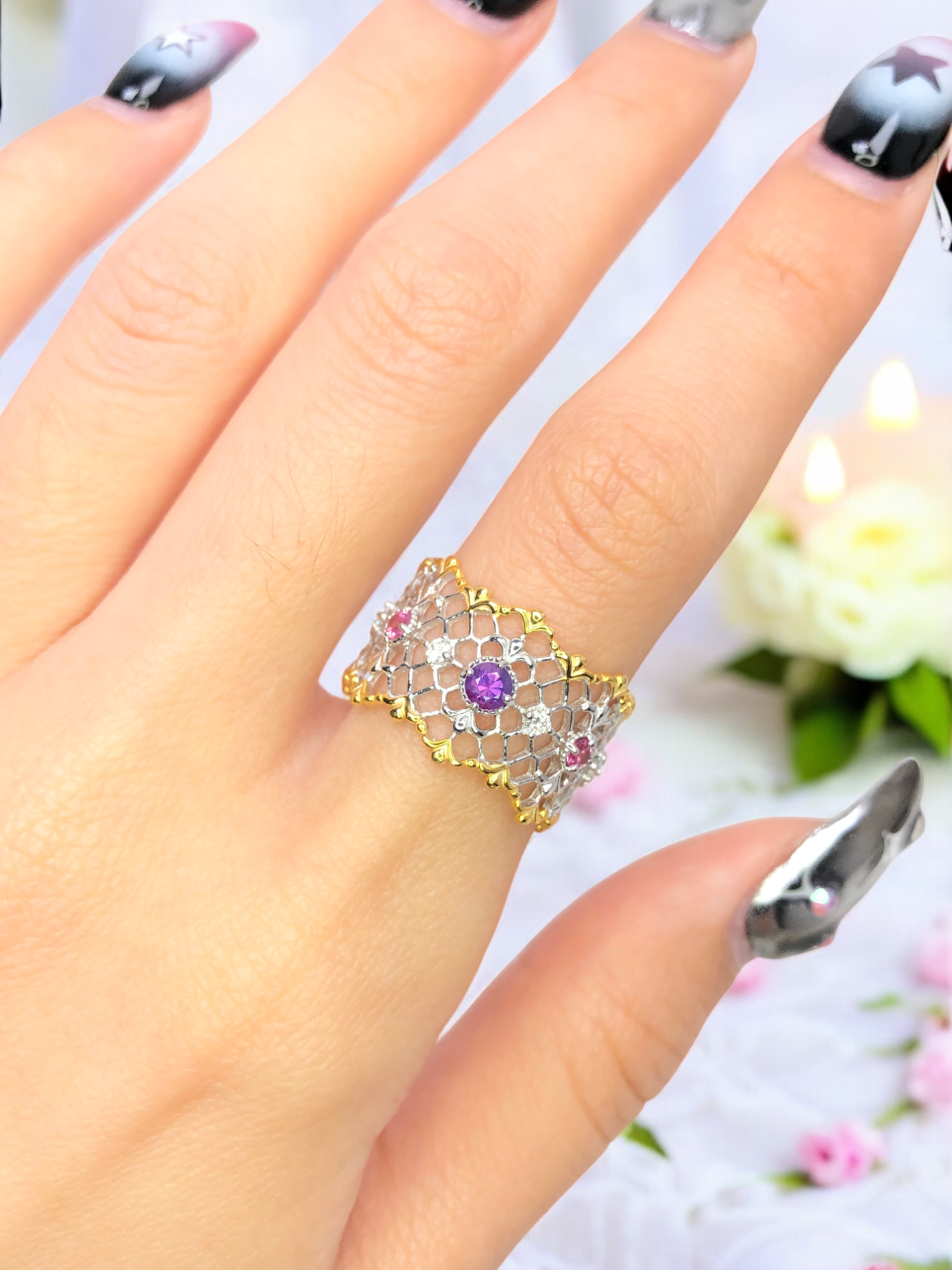 925銀 戒圍12【紫色剛玉0.19克拉 馬亨蓋尖晶石0.22ct 鑽石共8分】