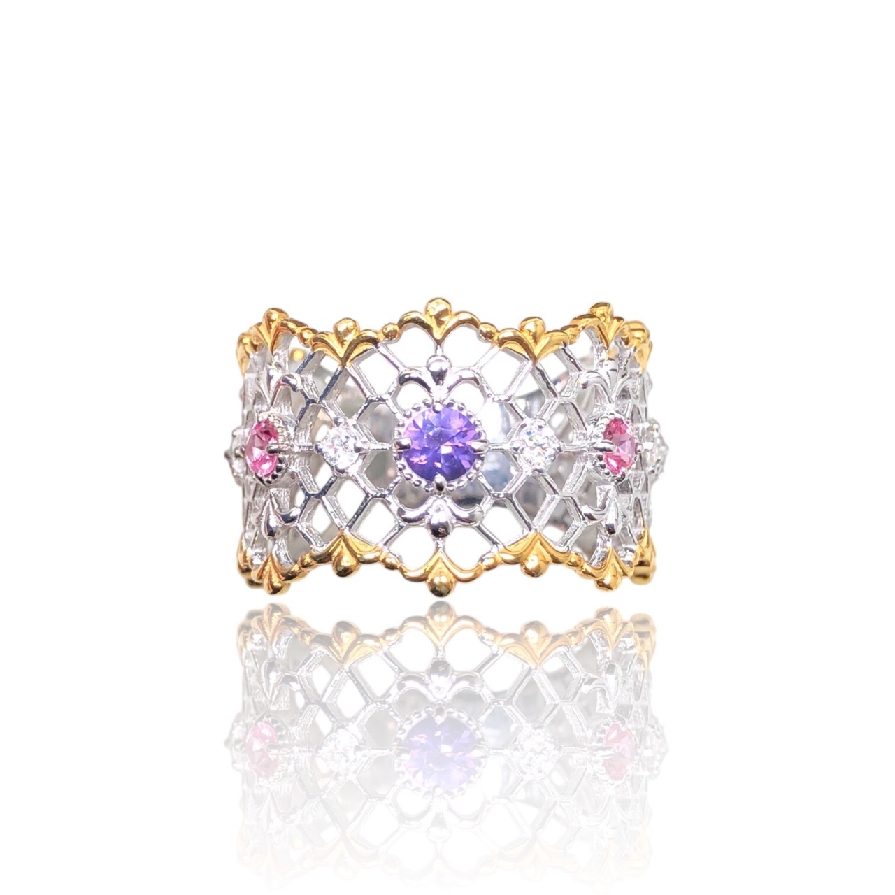 925銀 戒圍13【紫色剛玉0.16克拉 馬亨蓋尖晶石0.21ct 鑽石共8分】