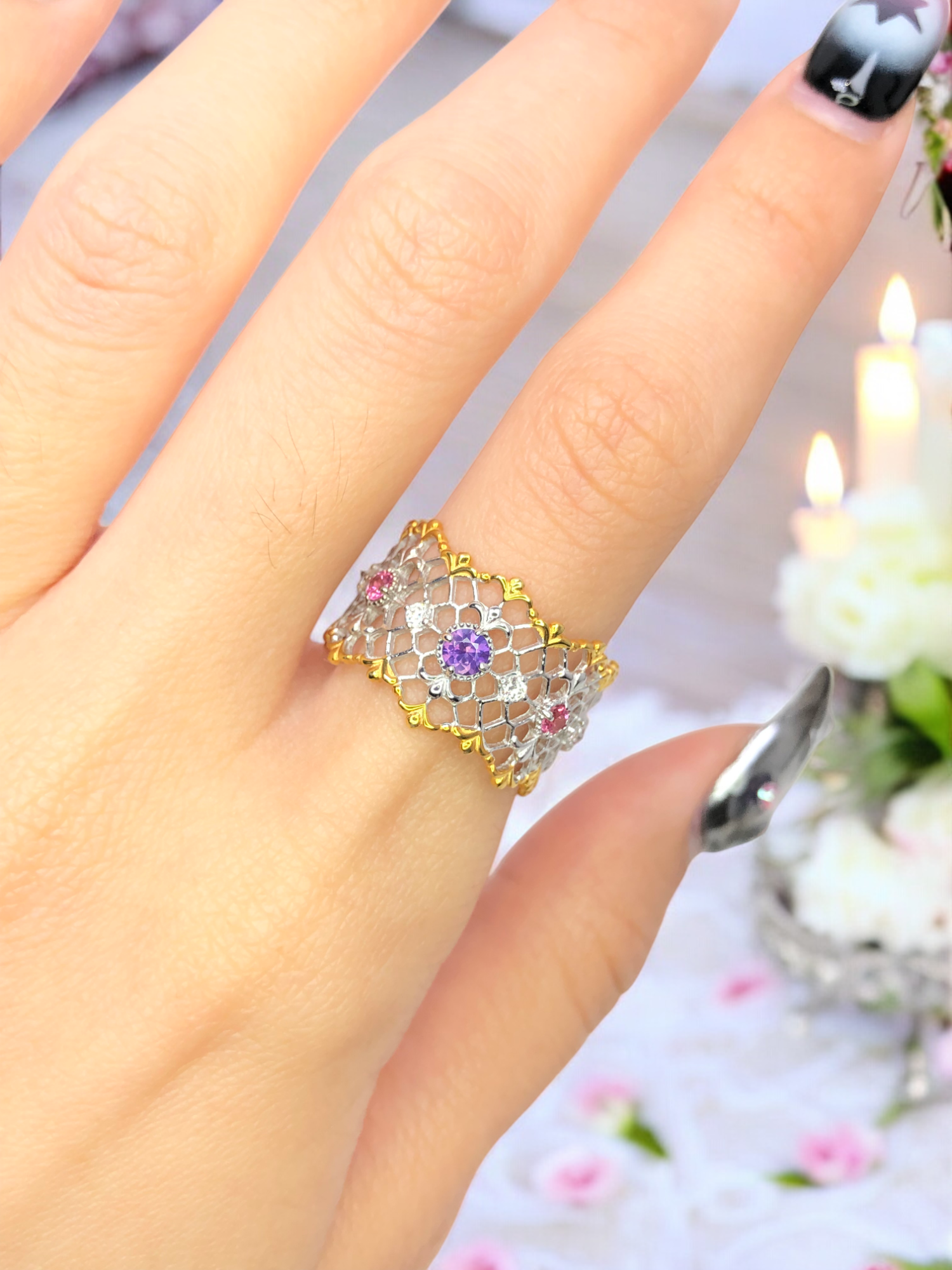 925銀 戒圍13【紫色剛玉0.16克拉 馬亨蓋尖晶石0.21ct 鑽石共8分】